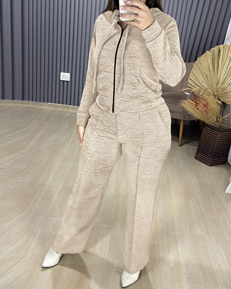 2 Pieces Outfit Long Sleeve Zip Up Drawstring Hoodie Coat and Casual Elastic Waist Seam Front Wide Leg Pants Set