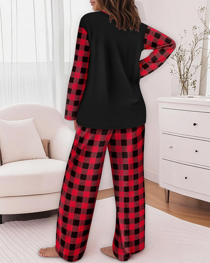 2 Pieces Outfit Rhinestone Christmas Santa Hat & Wine Glass Graphic Plaid Print Spliced Colorblock Long Sleeve Top and Plaid Print Elastic Waist Pants Set Casual Pajamas Set