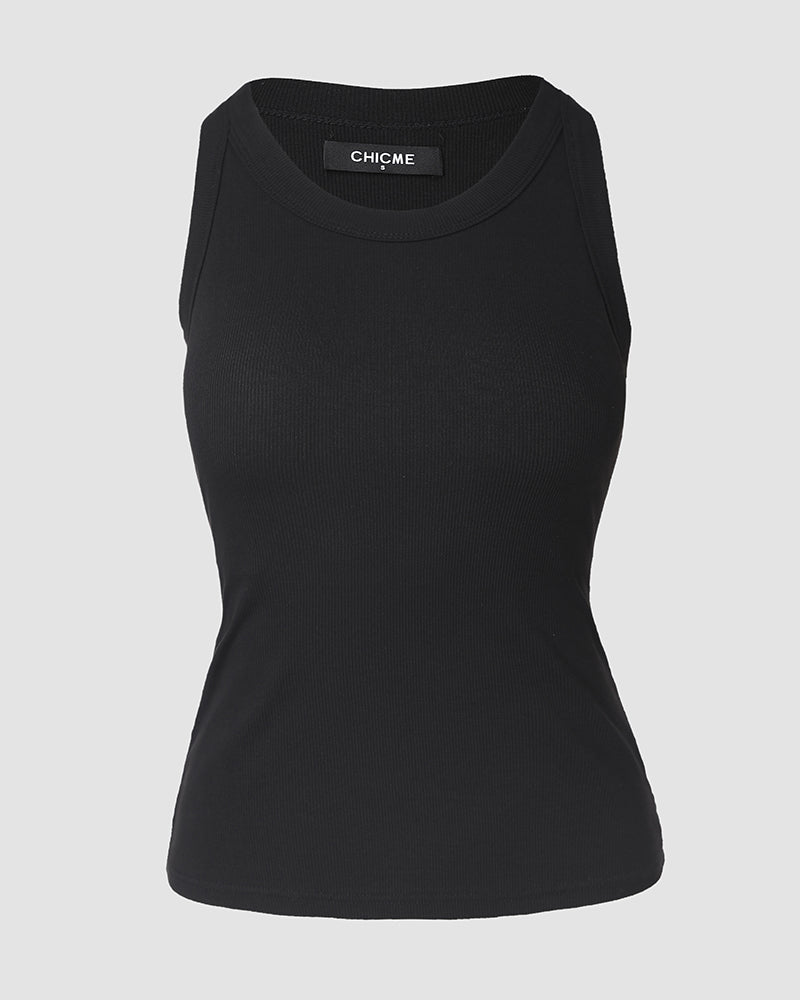 ChicMeLive Built-in Bra Ribbed Round Neck Tank Top
