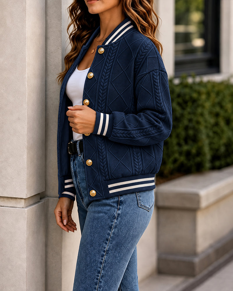 CHICMELIVE Women's Cable Knit Bomber Jacket Casual Button Down Cardigan