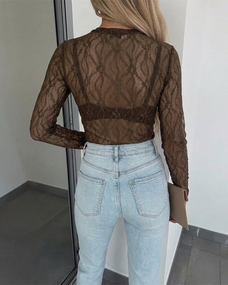 CHICMELIVE Lace Top Sheer Mesh Fitted Shirts for Women with Thumb Holes