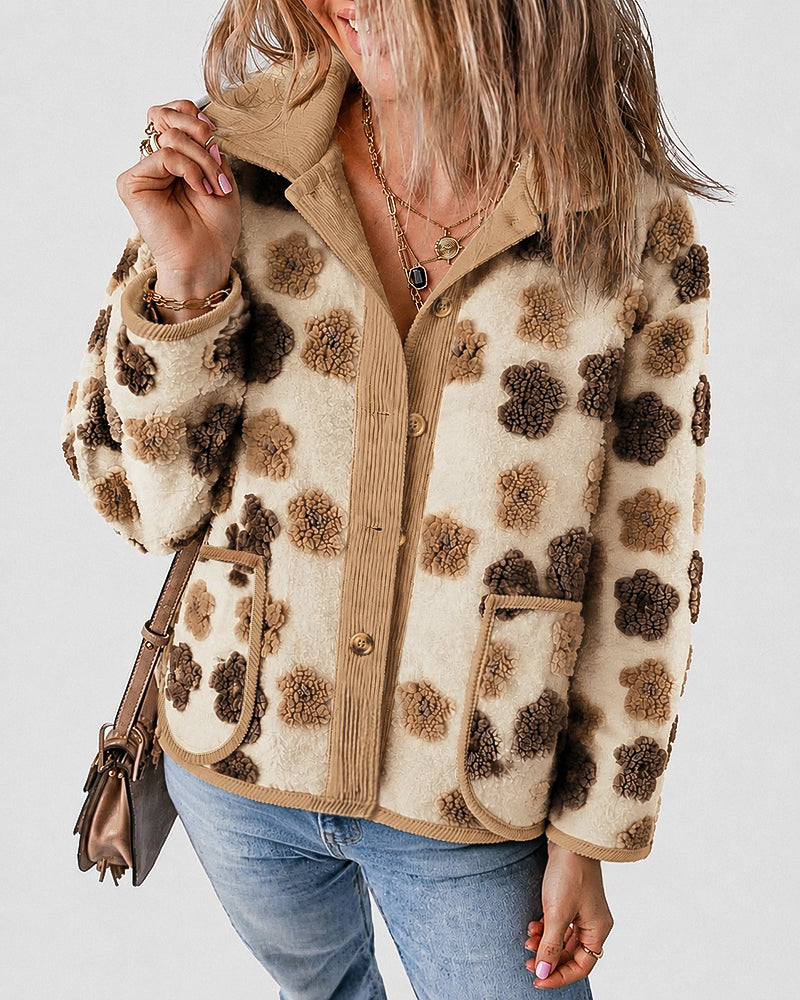 CHICMELIVE Women's Soft Floral Sherpa Jacket Corduroy Button Down Coat