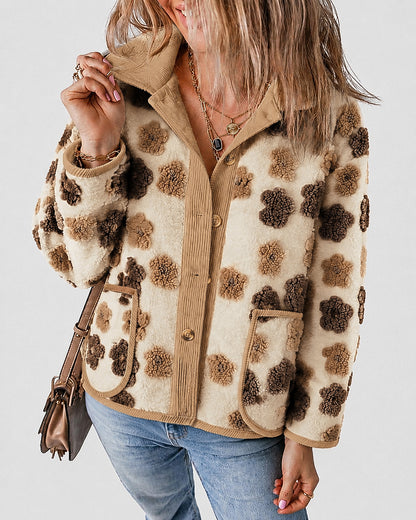 CHICMELIVE Women's Soft Floral Sherpa Jacket Corduroy Button Down Coat