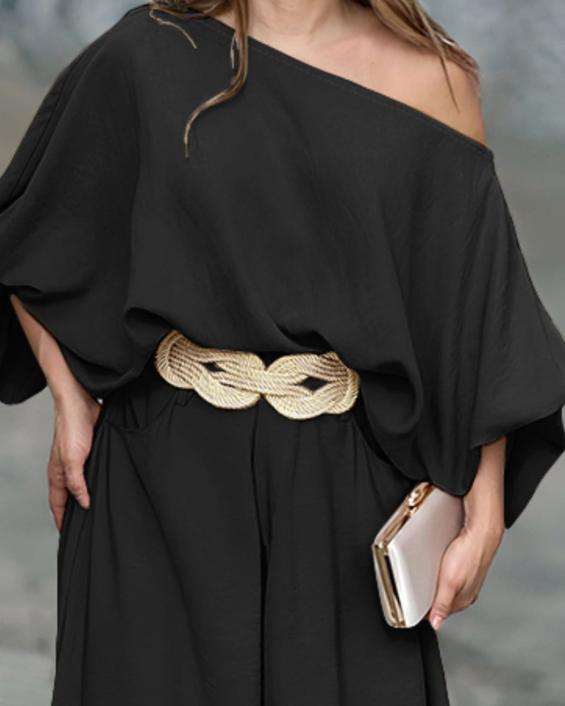 Skew Neck Lantern Sleeve Loose Top & Zipper Fly Wide Leg Pants Set without Belt