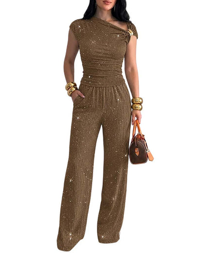 CHICMELIVE Women's Glitter 2 Piece Set One Shoulder Top Wide Leg Pants