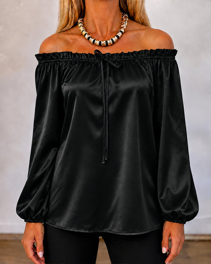 CHICMELIVE Off Shoulder Satin Tops Women Ruffle Tie Front Blouse