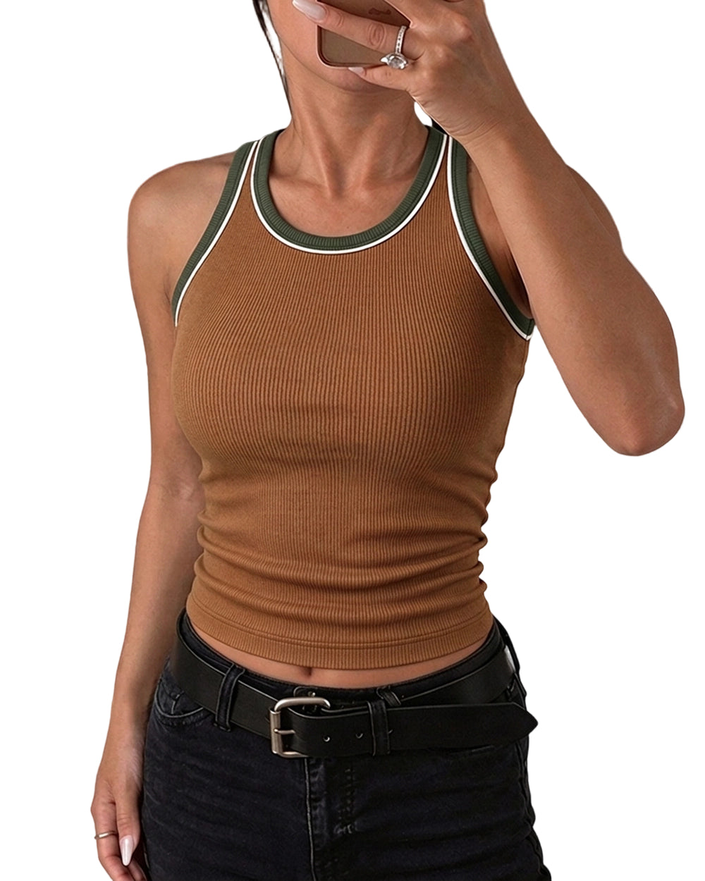 CHICMELIVE Womens Tank Tops Contrast Trim High Neck Ribbed Racerback Shirt