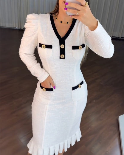 Button Decor Contrast Paneled V-Neck Puff Sleeve Zipper Back Commuting Dress Pockets Design Pleated Hem Tweed Dress