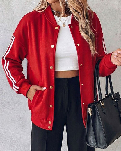 Women's Varsity Jacket Contrast Side Striped Loose Baseball Jacket Button Up Bomber Jacket
