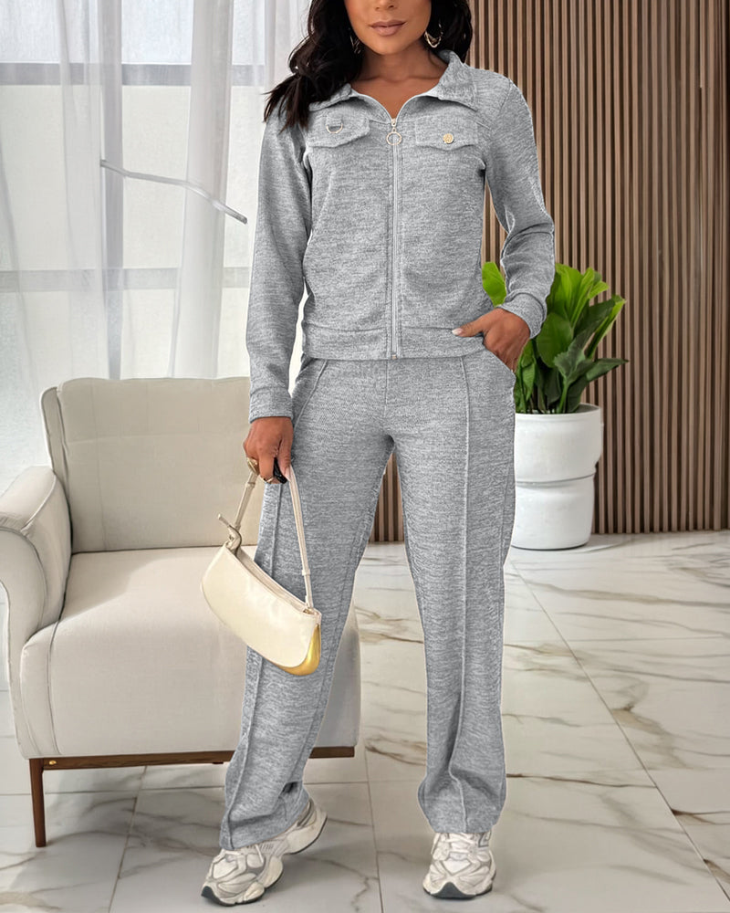CHICMELIVE Women's 2 Piece Tracksuit Lapel Zip Jacket High Waist Pants Set