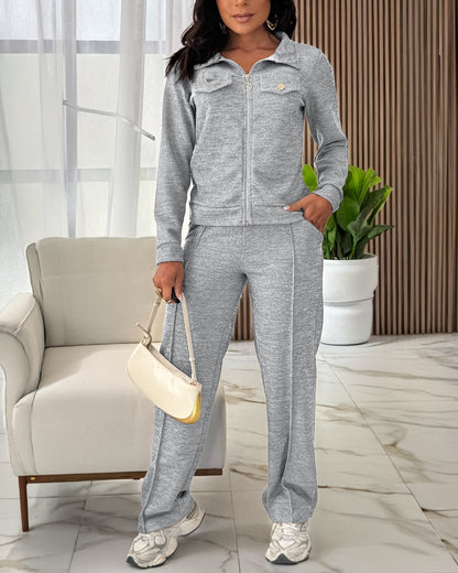 CHICMELIVE Women's 2 Piece Tracksuit Lapel Zip Jacket High Waist Pants Set