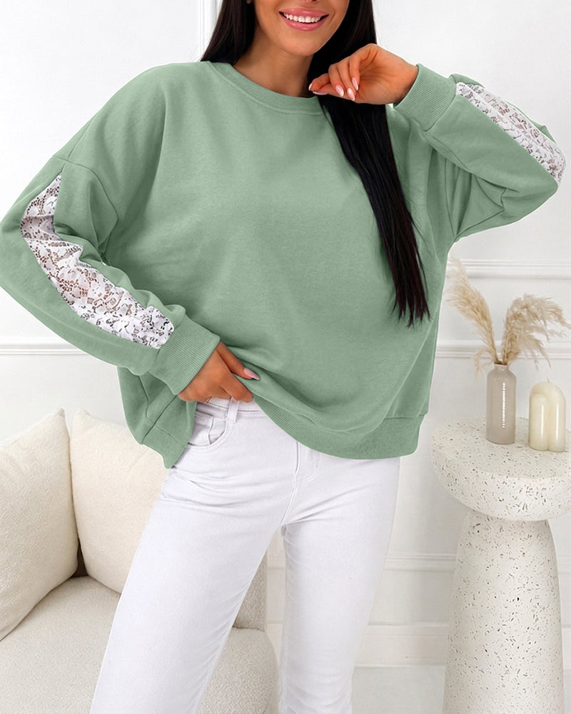 CHICMELIVE Oversized Sweatshirt for Women Lace Sleeve Cutout Fall Pullover