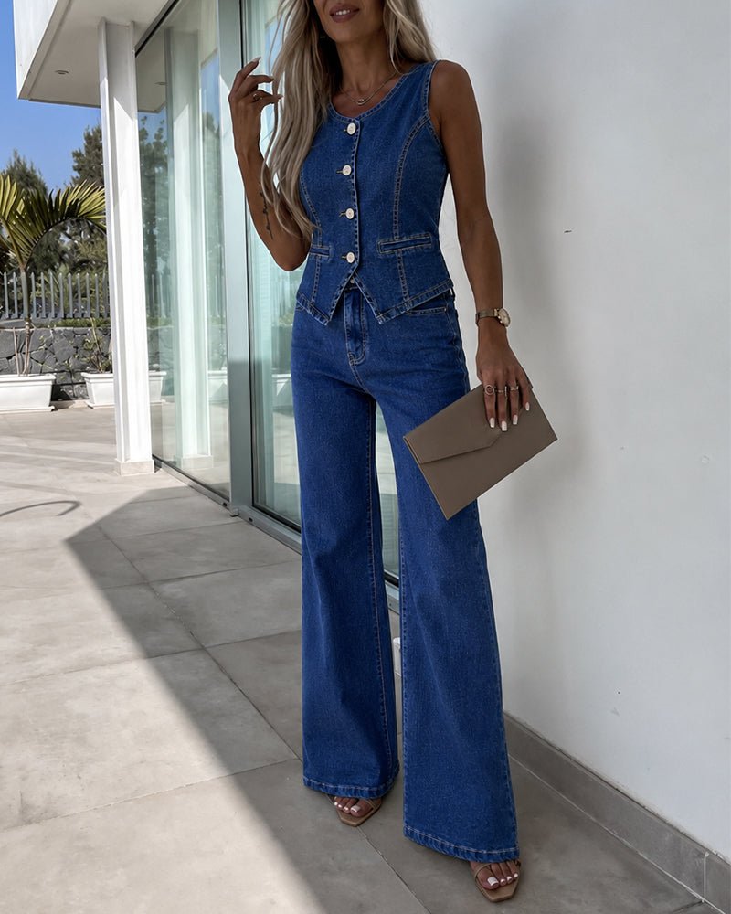 Women's Denim Set Sleeveless Button Down Crop Top and High Waist Straight Leg Jeans Casual Matching Set