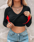 CHICMELIVE Women's V Neck Long Sleeve Ribbed Knit Top Slim Fit Base Layer Shirt Soft Stretchy Casual Tee with Built-in Bra