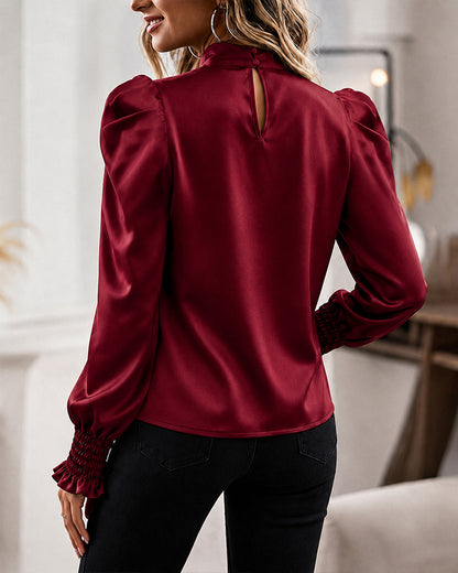 Women's Satin Blouse Mock Neck Puff Sleeve Shirt Back Tie Bow Elegant Ruched Shirt Shirred Frill Cuff Work Top