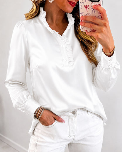 Women's Satin Frill Hem Blouse Long Sleeve Half Button Shirt Elegant Stand Collar Office Work Top