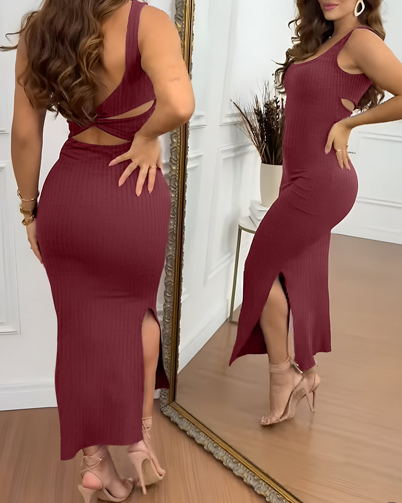 U-Neck Sleeveless Backless Twist Back Side Slit Knit Dress Slim Fit Versatile Ribbed Maxi Tank Dress