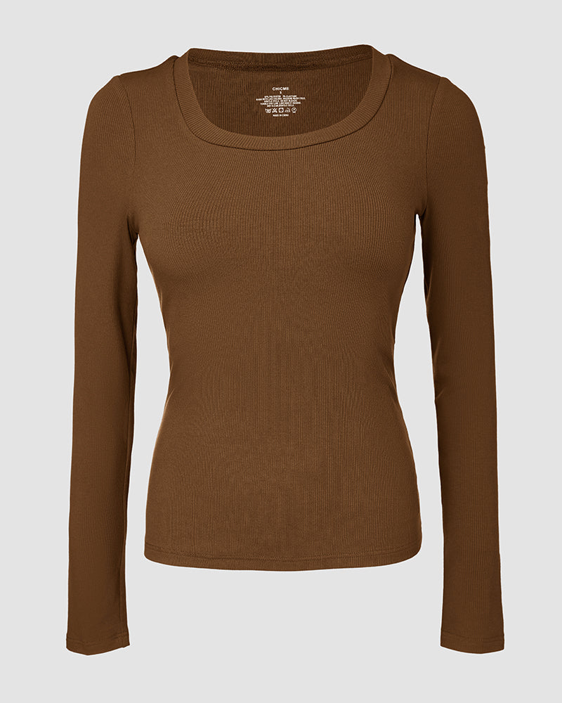 ChicMe Built-in Bra U-Neck Long Sleeve Ribbed Top