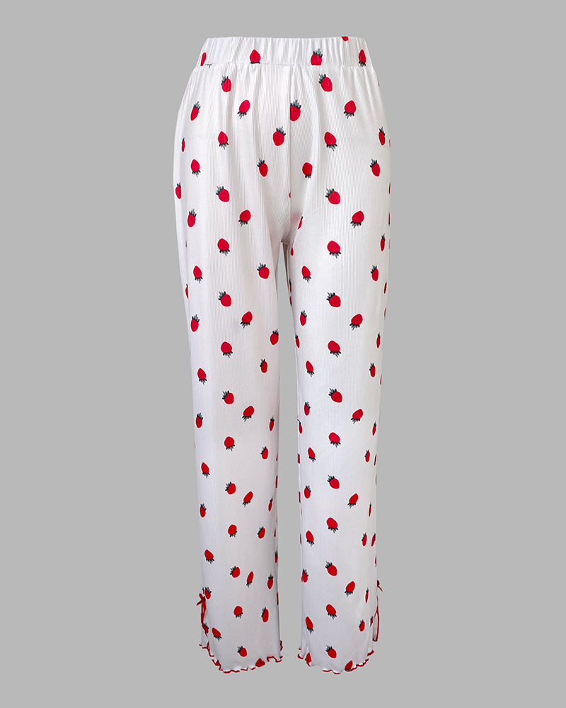 2 Pieces Outfit Strawberry Print Stand Collar Short Sleeve T-shirt and Pants Pajamas Set
