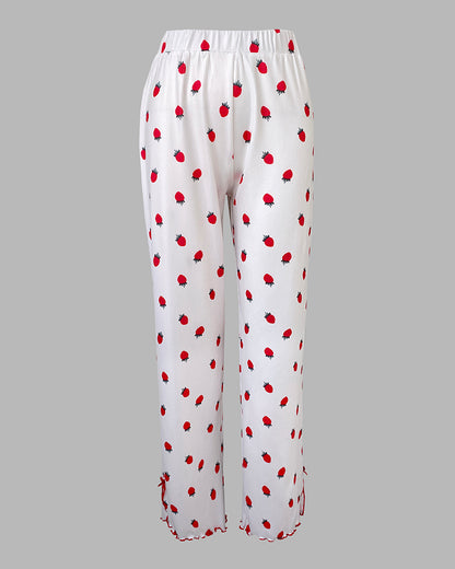 2 Pieces Outfit Strawberry Print Stand Collar Short Sleeve T-shirt and Pants Pajamas Set