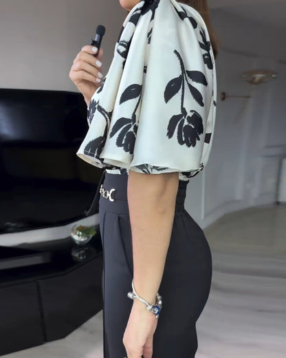 2 Pieces Outfit Floral Print Round Neck Bell Sleeve Satin Top and High Waist Wide Leg Work Pants Set