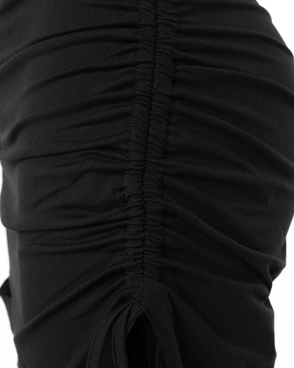 O-neck Short Sleeve Solid Color Cut-Out Ruched Drawstring Bodycon Dress with Side Slit