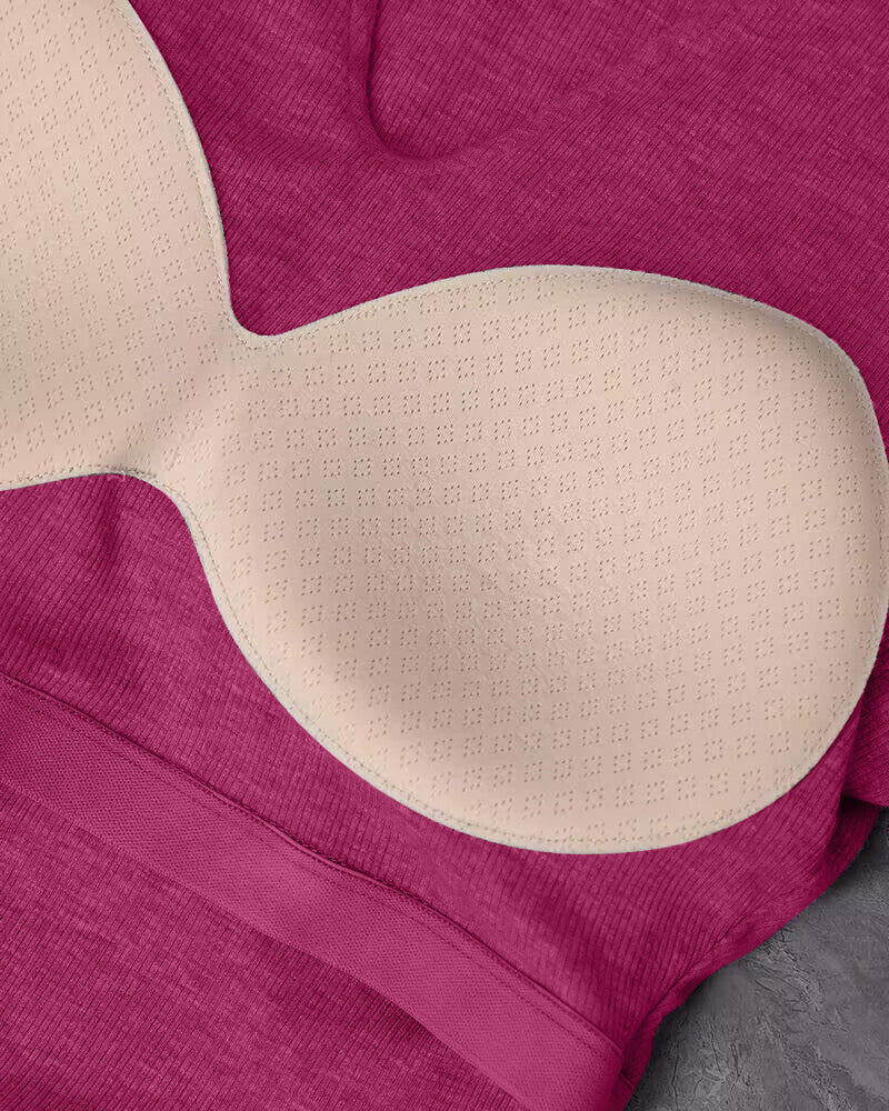 ChicMe Built-in Bra Notch Neck Long Sleeve Shirts Rib-Knit Ruched Waist Top