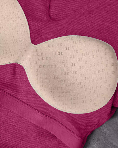ChicMe Built-in Bra Notch Neck Long Sleeve Shirts Rib-Knit Ruched Waist Top