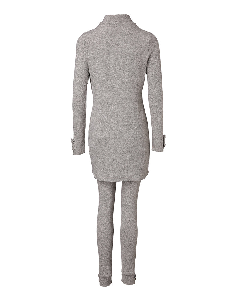 2 Pieces Outfit Mock Neck Long Sleeve Button Decor Slit Mid-Length Top and Stretchy Drawstring High Waist Slim Fit Pants Set