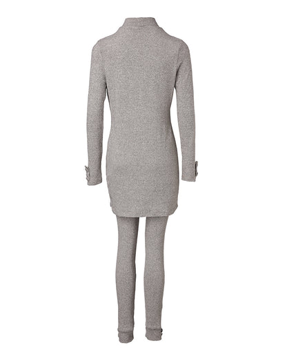 2 Pieces Outfit Mock Neck Long Sleeve Button Decor Slit Mid-Length Top and Stretchy Drawstring High Waist Slim Fit Pants Set