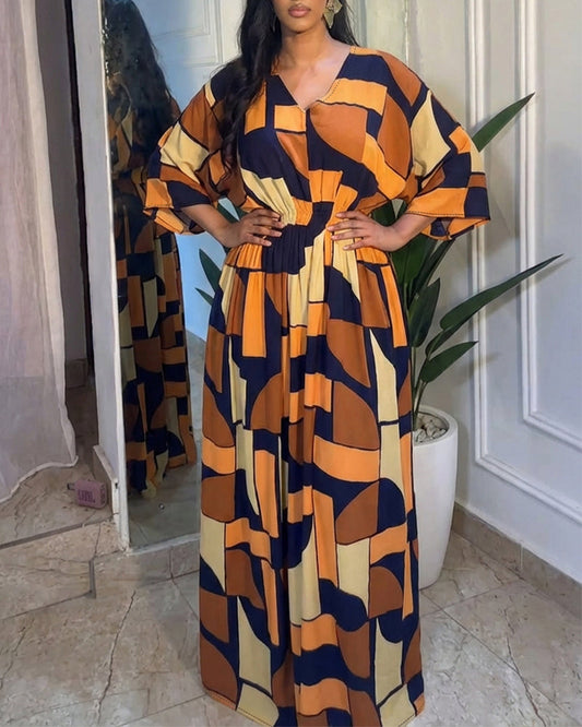 Colorblock Geometric Print V-Neck Batwing Sleeve Ruched Waist Overalls Casual Cinched Waist Wide Leg Jumpsuit