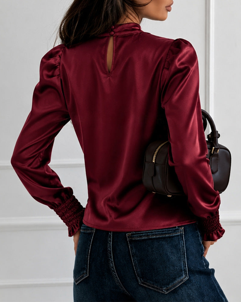 Women's Satin Blouse Mock Neck Puff Sleeve Shirt Back Tie Bow Elegant Ruched Shirt Shirred Frill Cuff Work Top