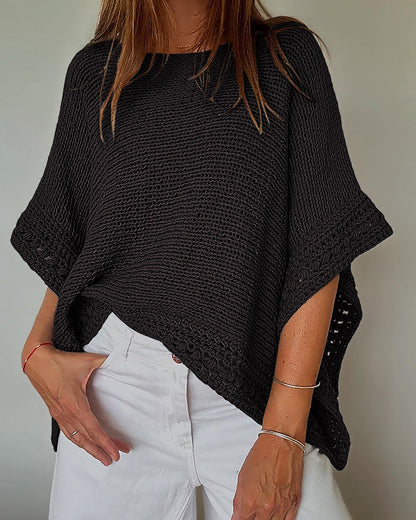 Solid Batwing Sleeve Hollow-out Crochet Pattern Top Casual Cover Up