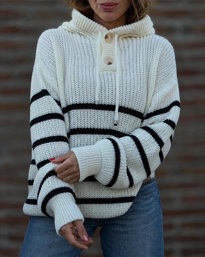 Women's Striped Henley Drawstring Hooded Sweater Loose Fit Lantern Sleeve Knit Pullover