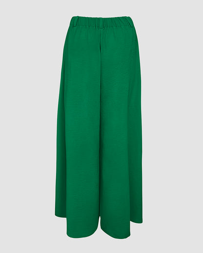Skew Neck Lantern Sleeve Loose Top & Zipper Fly Wide Leg Pants Set without Belt