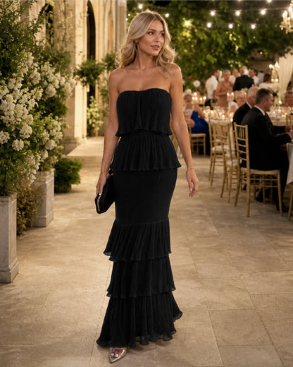 Layered Ruffle Shirred Slim Fit Strapless Dress Textured Maxi Party Dress