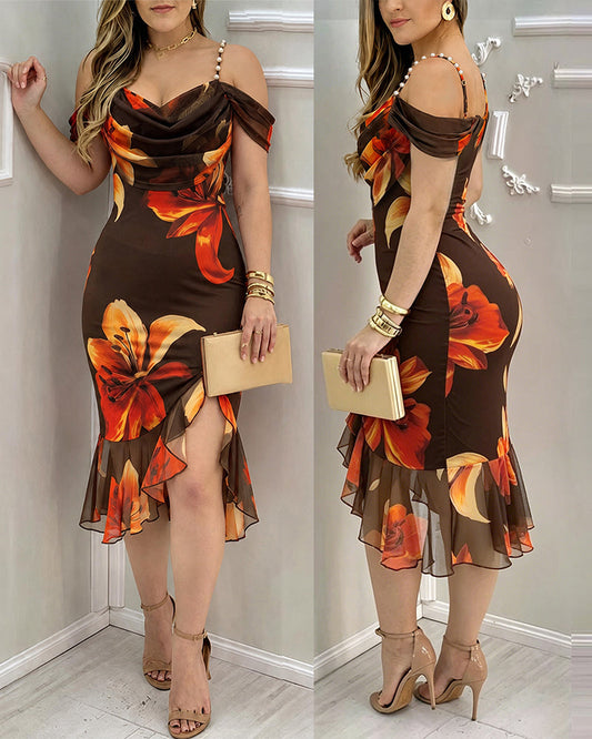 Women's Vintage Floral Print Bodycon Dress Cowl Neck Adjustable Pearls Straps Mermaid Dress Elegant Side Slit Evening Gown