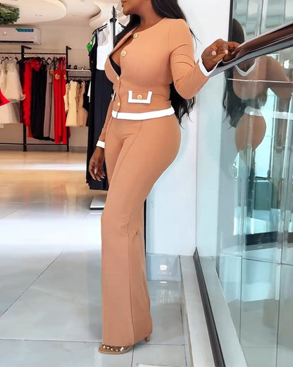 2 Pieces Outfit Contrast Paneled Single Breasted Flap Detail Crop Top and Elastic Waist Seam Front High Waist Pants Set Casual Commuting Set