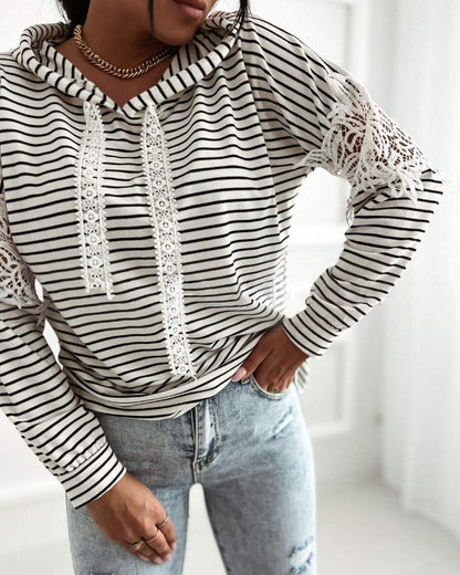 Striped Contrast Floral Lace Patchwork Long Sleeve Pullover Casual Lace Drawstring Hoodie Sweatshirt