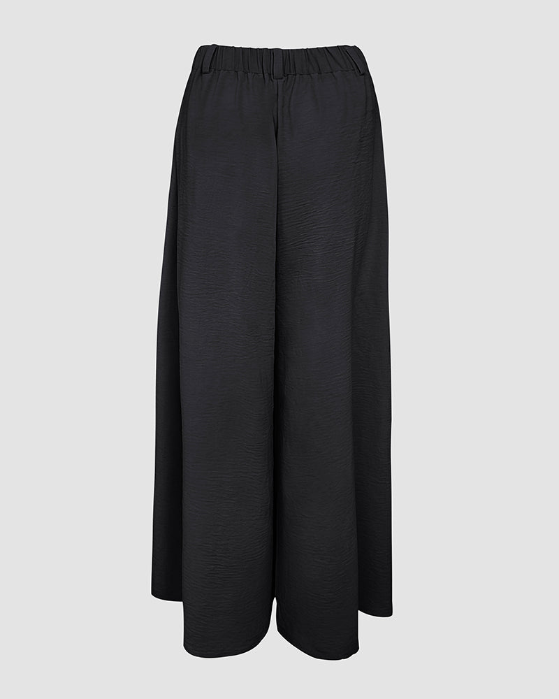 Skew Neck Lantern Sleeve Loose Top & Zipper Fly Wide Leg Pants Set without Belt