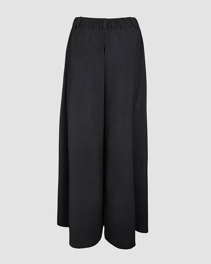 Skew Neck Lantern Sleeve Loose Top & Zipper Fly Wide Leg Pants Set without Belt