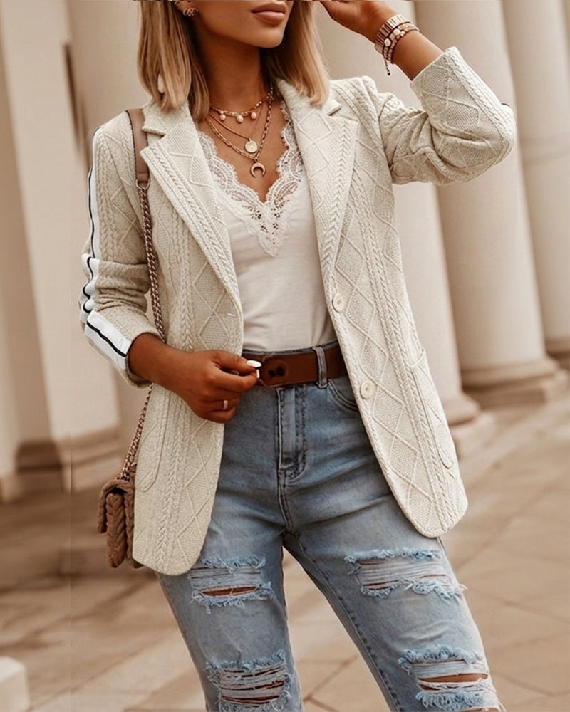 Women's Casual Knit Blazer Argyle Cable Jacquard Contrast Side Striped Coat Loose Fit Single Breasted Blazer