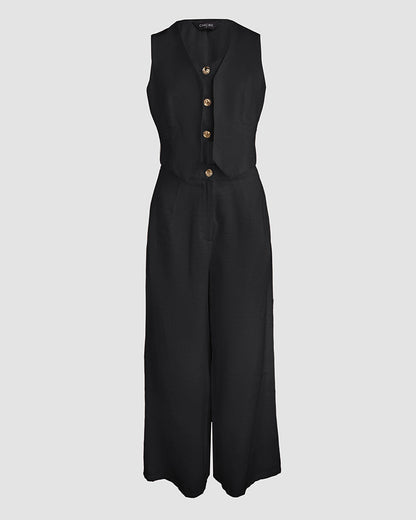 Women's Two Piece Outfits Faux Two Piece Sleeveless Crop Top and High Waisted Wide Leg Pants Elegant Matching Suit