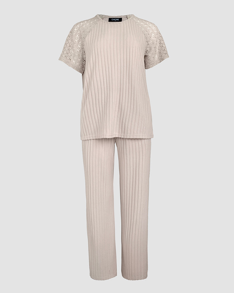 2 Pieces Outfit Round Neck Lace Spliced Short Sleeve Top and Elastic Waist Straight Leg Pants Set Casual Brushed Ribbed Pajamas Set