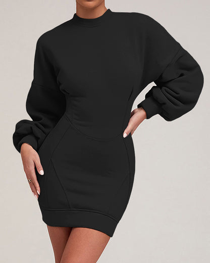Lantern Sleeve Bodycon Pullover Sweatshirt Dress Crew Neck Mini Dress