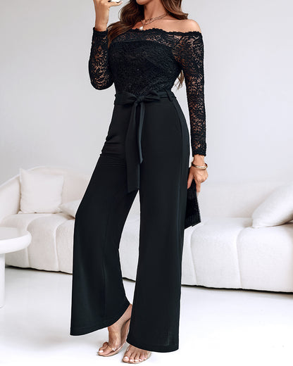 Off Shoulder Long Sleeve Eyelash Lace Spliced Slim Fit Overalls Casual Zipper Back Jumpsuit with Belt