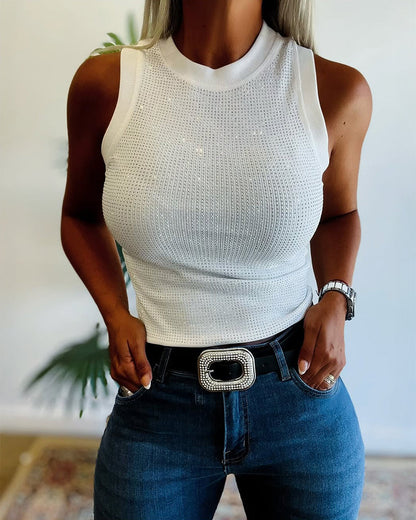 Rhinestone Decor O-neck Sleeveless Knit Tee Slim Fit Tank Top