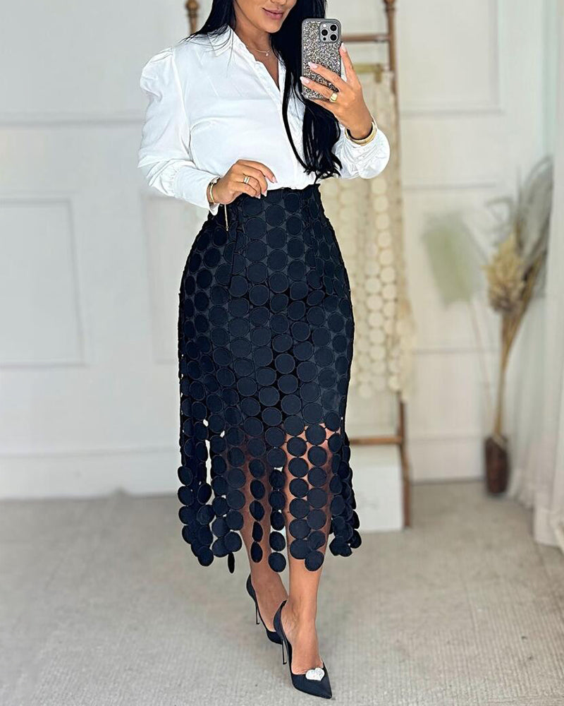 Women‘s Lace Tassel Trim Bodycon Skirt Hollow-Out Detail High Waist Pencil Skirt with Side Zipper