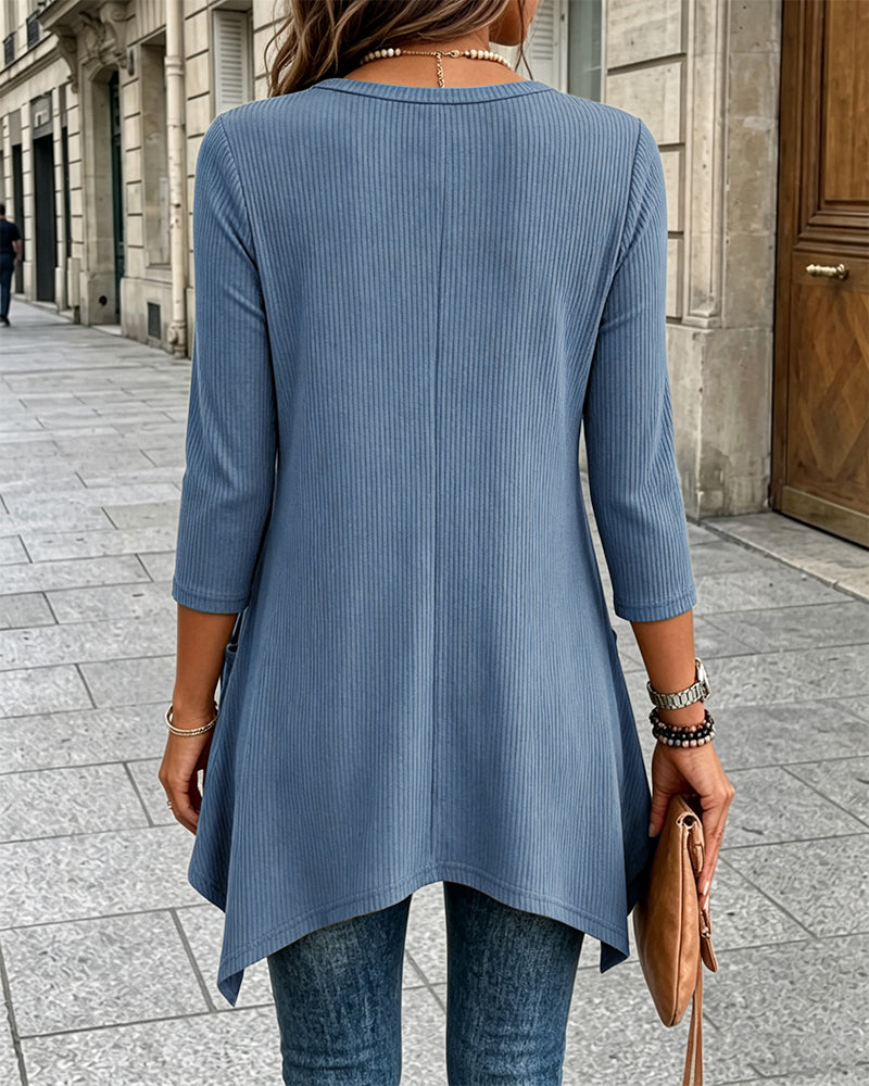 CHICMELIVE Womens 3/4 Sleeve Ribbed Tunic Asymmetrical Hem Loose Top