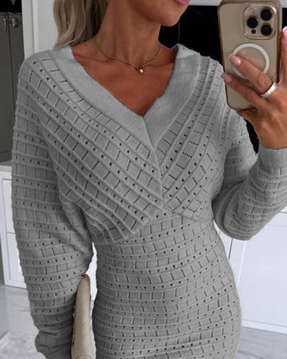 V-Neck Hollow Out Long Sleeve Knit Dress